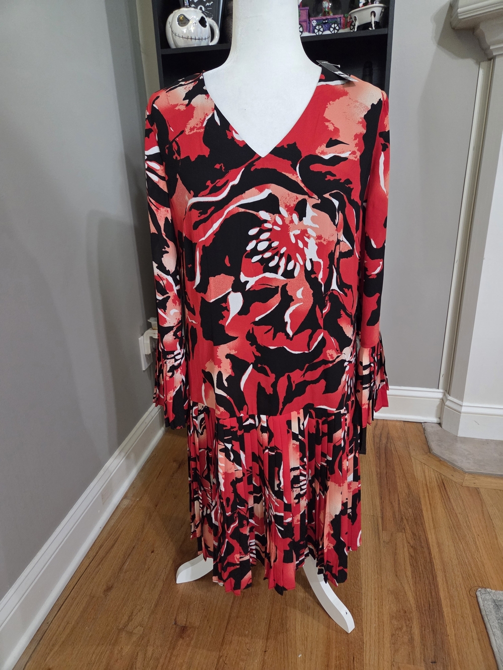 The Limited Red and Black Floral V‑Neck Long Sleeve Dress